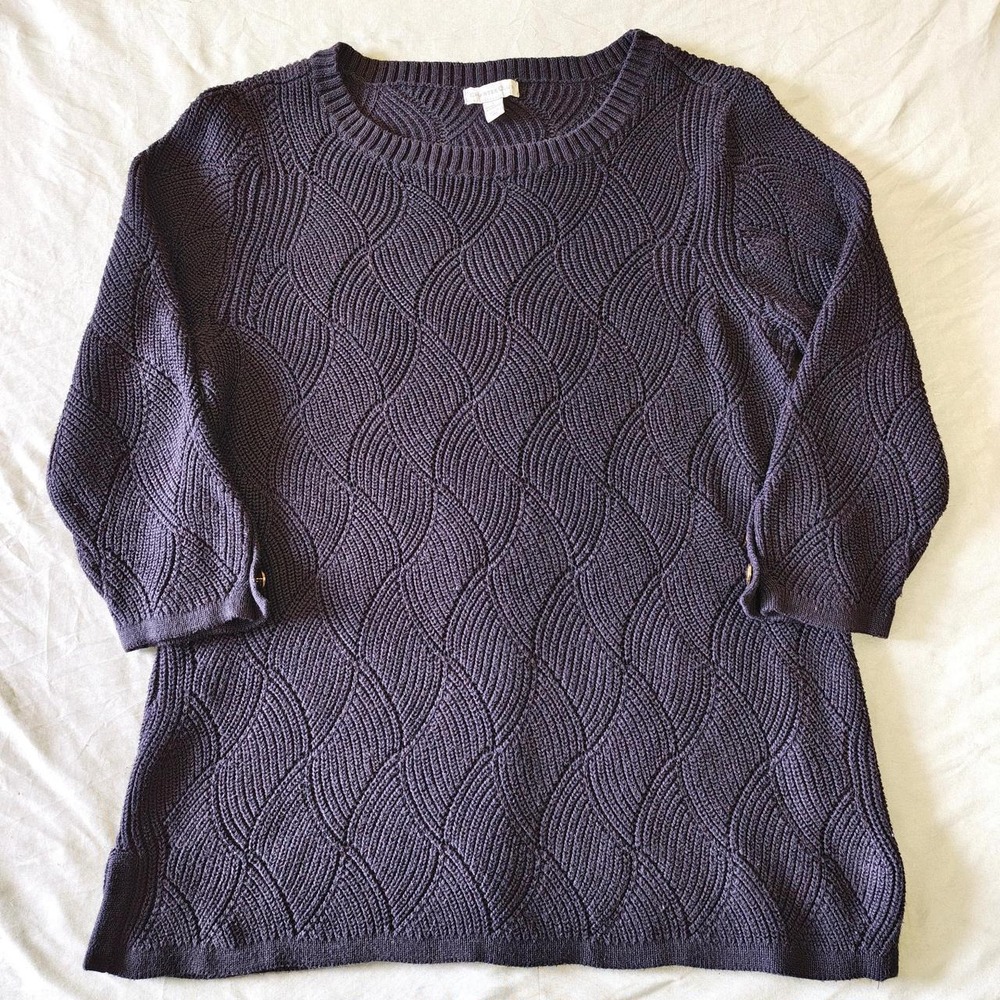 Charter Club Women L Purple Wave Textured Knit Sweater 3/4 Sleeve Button Cuffs